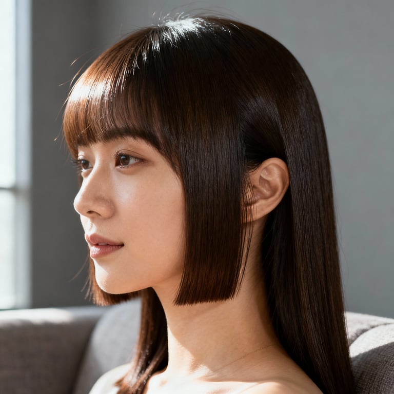 long length blunt cut on straight hair, low version.