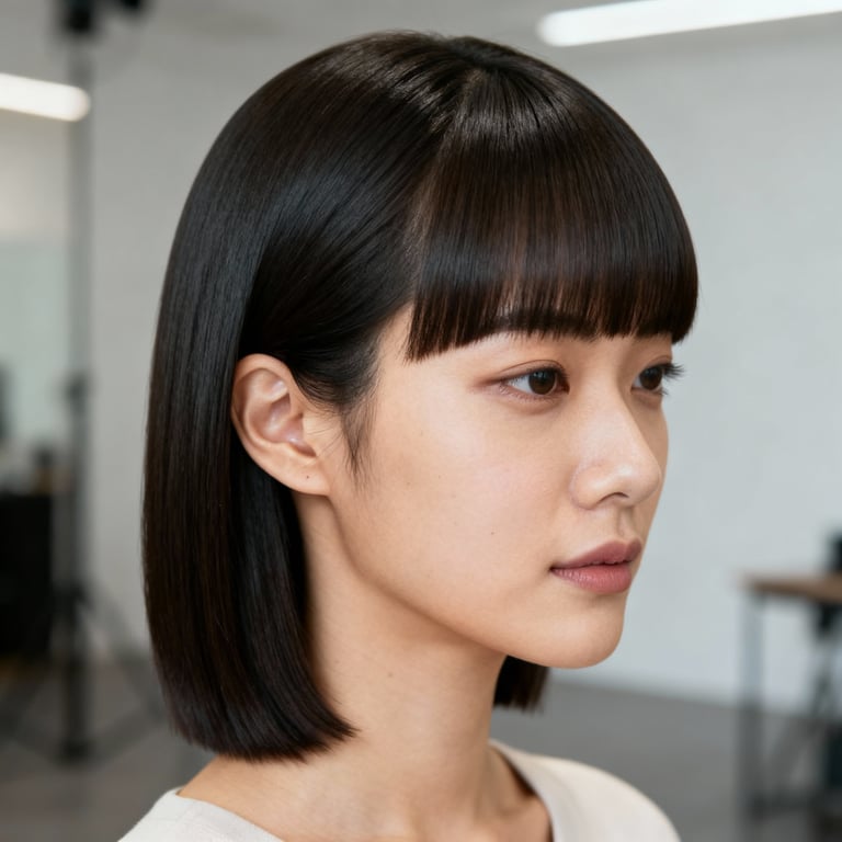 side part curtain bangs on straight hair, low version.
