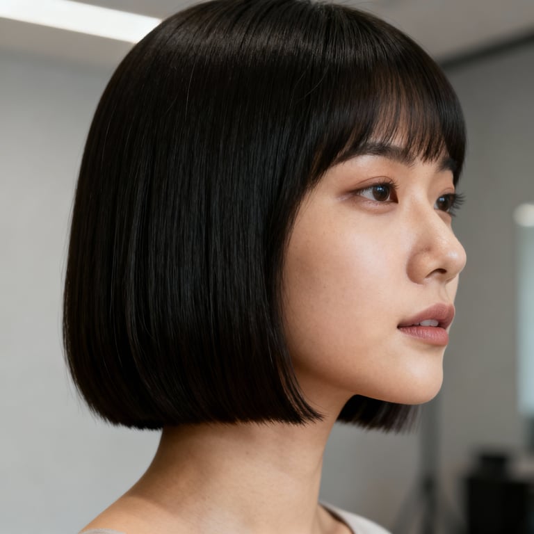 shoulder length blunt cut on straight hair, low version.