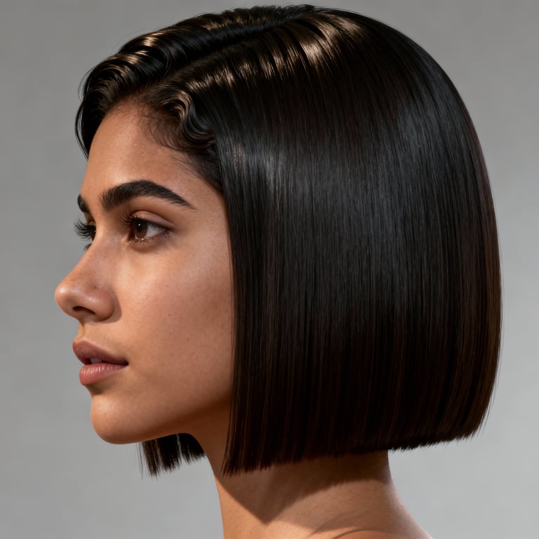 blunt bob cut on straight hair, low version.