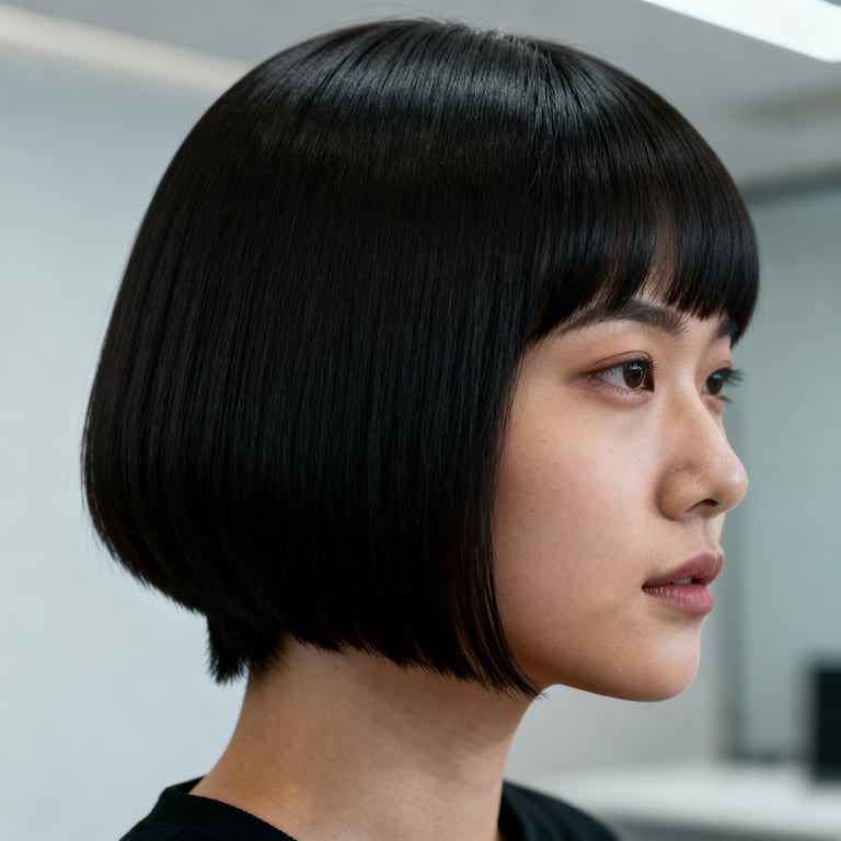 bowl cut mullet on straight hair, low version.