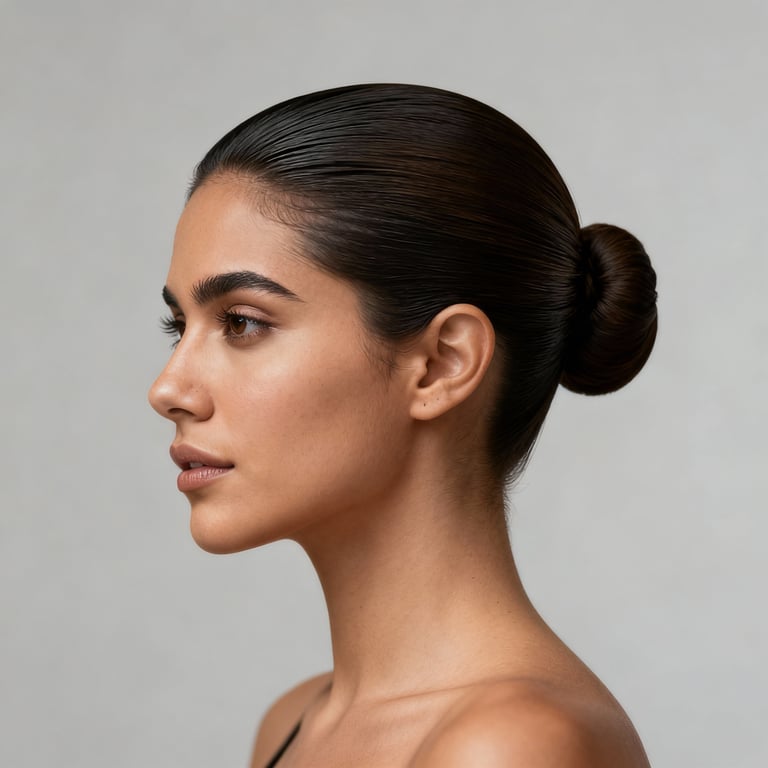 slick back bun on straight hair, low version.