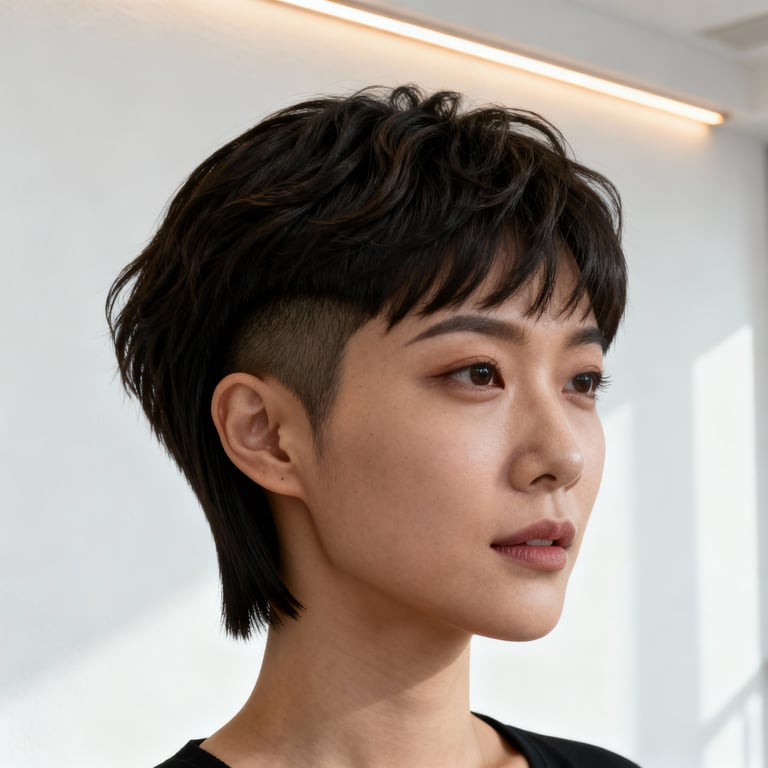 short mullet on straight hair, low version.