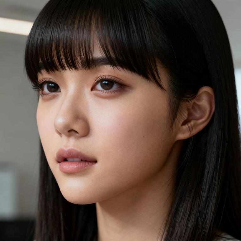 sabrina carpenter bangs on straight hair, low version.