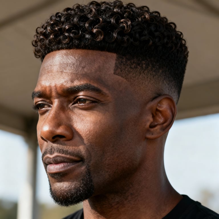 curly bowl cut on curly hair, low version.