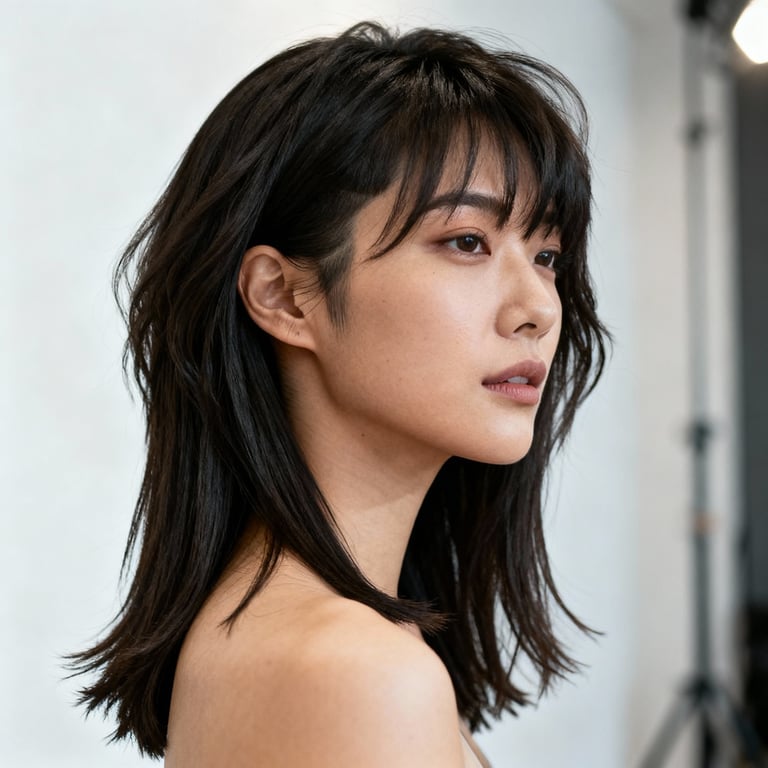 wolf cut long hair on straight hair, low version.