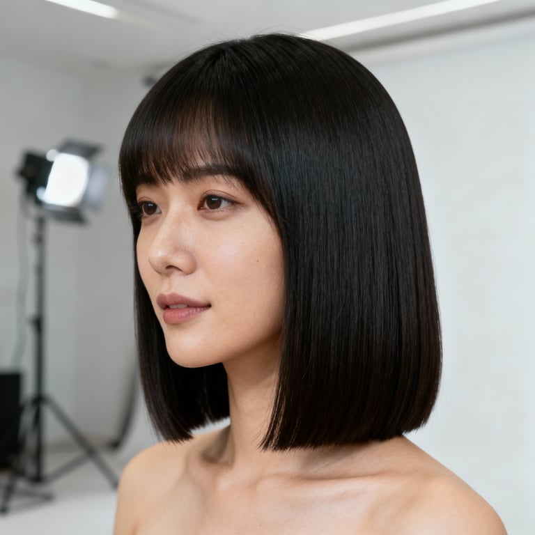 side part shoulder length blunt cut on straight hair, low version.