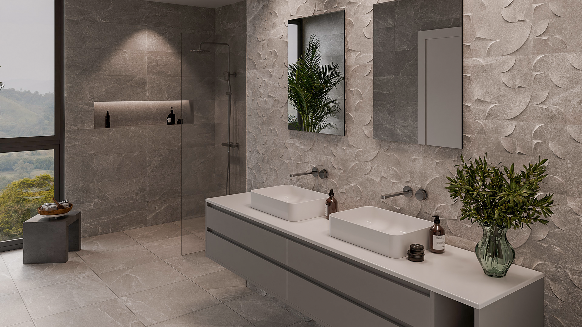 Zona de estar con pavimento cerámico, ambiente lifestyle habitado