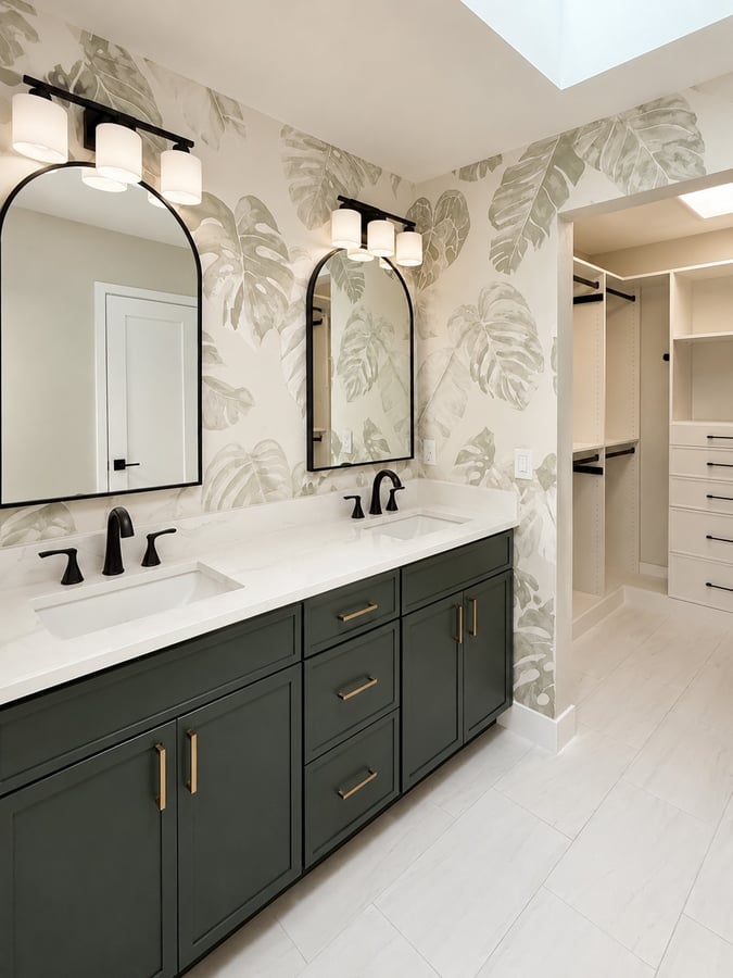 Wekiva bathroom remodel with green dual vanity and custom walk-in closet