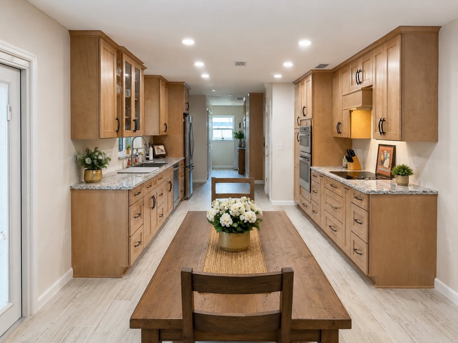 Sanford galley kitchen remodel with maple cabinetry and granite countertops