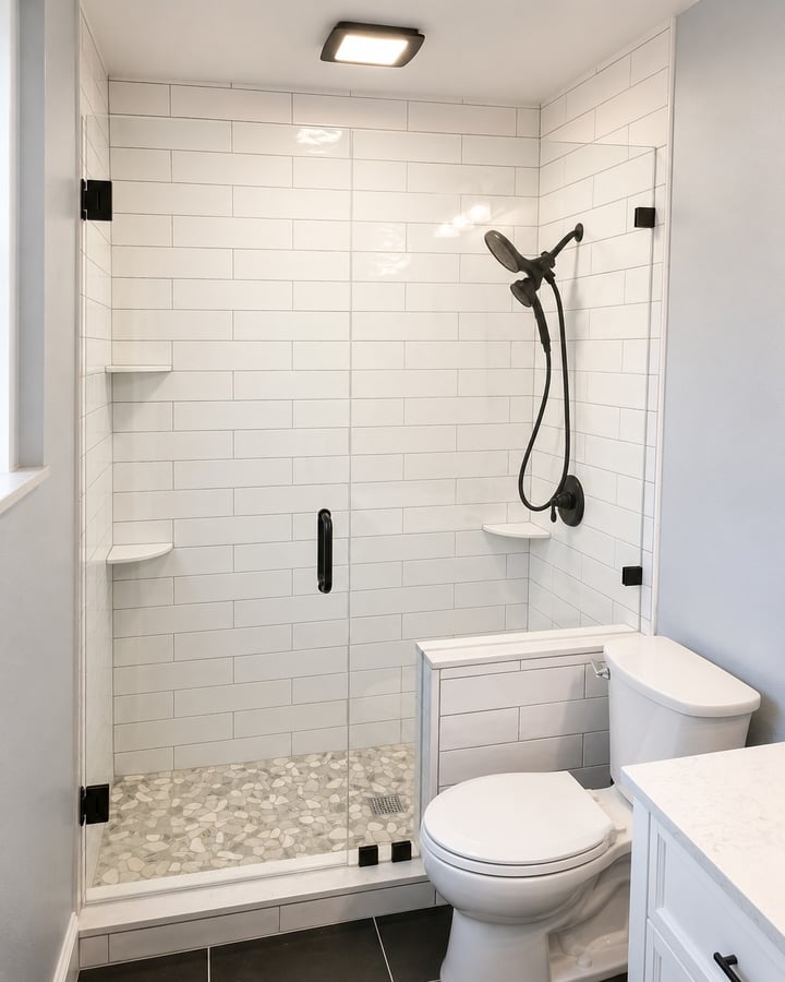 Longwood bathroom remodel with subway tile walk-in shower and black fixtures