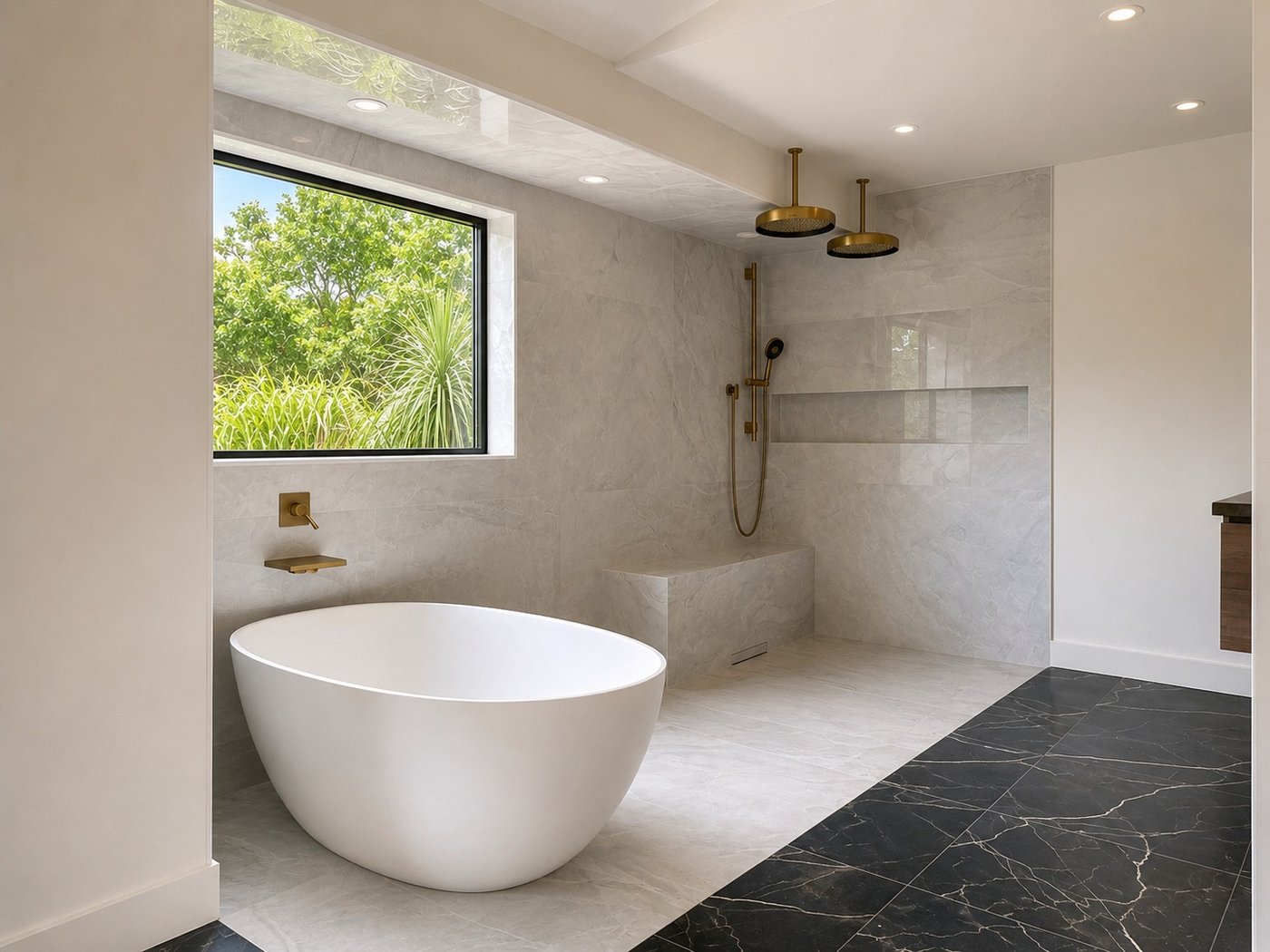 Longwood bathroom remodel with freestanding tub, dual rain showers, and marble tile