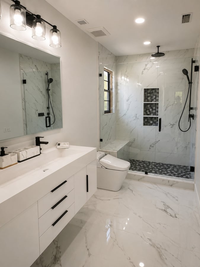 Longwood bathroom remodel with marble-look walk-in shower and floating vanity
