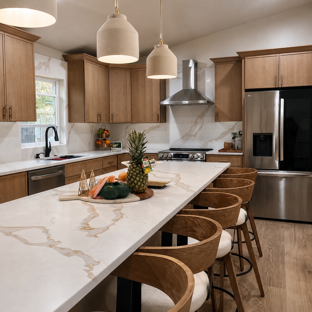Apopka kitchen remodel with oak cabinetry and quartz waterfall island