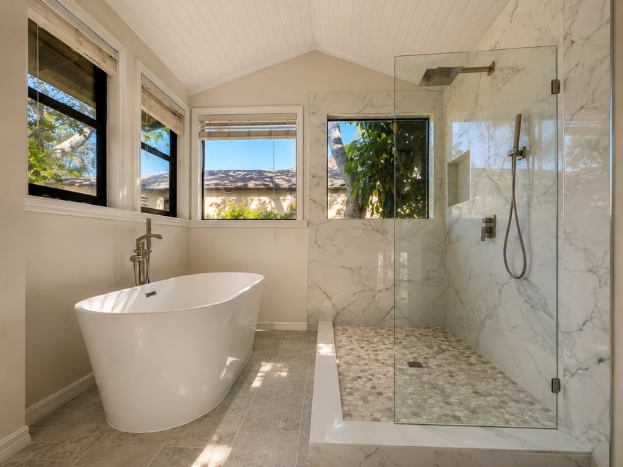 Wekiva bathroom remodel with freestanding tub and walk-in marble shower