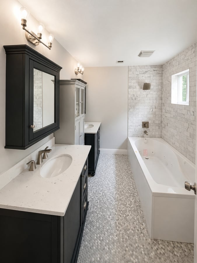 Longwood bathroom remodel with dual vanities, soaking tub, and marble tile surround