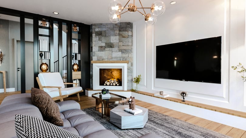 Luxury living room interior design in Gebze Kocaeli villa with fireplace wall and modern TV unit