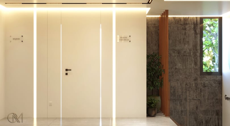 Modern office entrance hall in Levent Istanbul featuring textured concrete wall, wood panels and architectural lighting