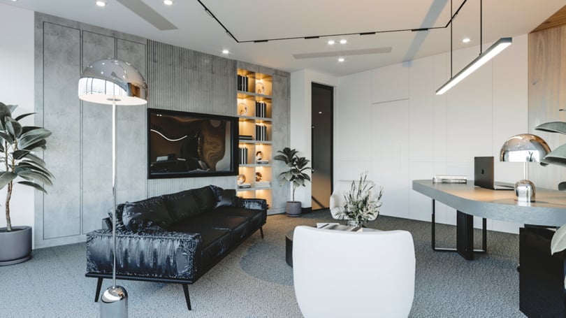 Levent, Istanbul'da kavisli masa, dekoratif heykeller ve yerden tavana cam yüzeylerle minimalist yönetici ofisi iç mekan tasarımı