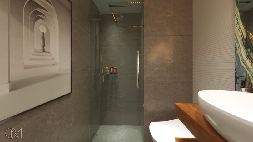 Modern restroom interior in Levent Istanbul office project with walk-in glass shower and stone wall finishes