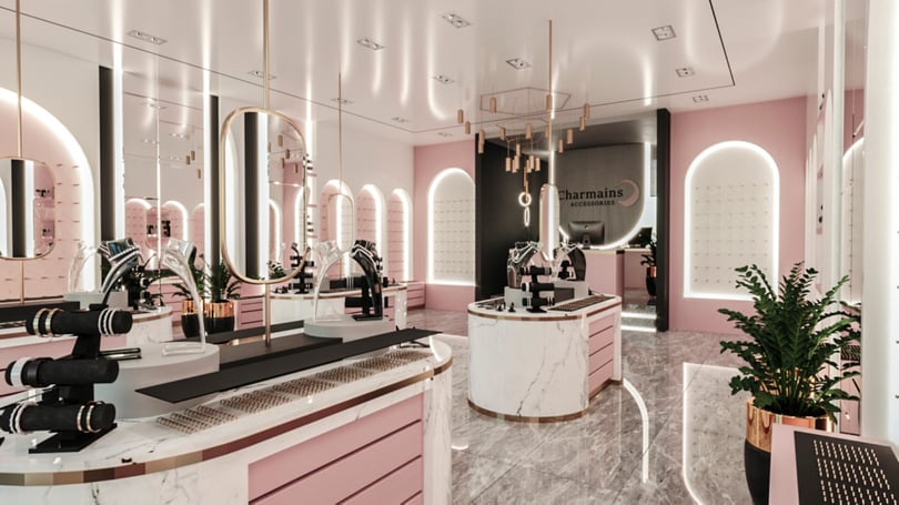 Modern retail interior architecture for Charmains Accessories at Venezia Mega Outlet Istanbul with statement reception desk and backlit wall panels