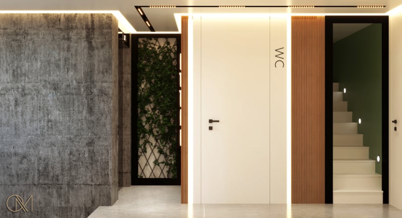 Minimalist hallway interior in Levent Istanbul office project with hidden doors and linear lighting design