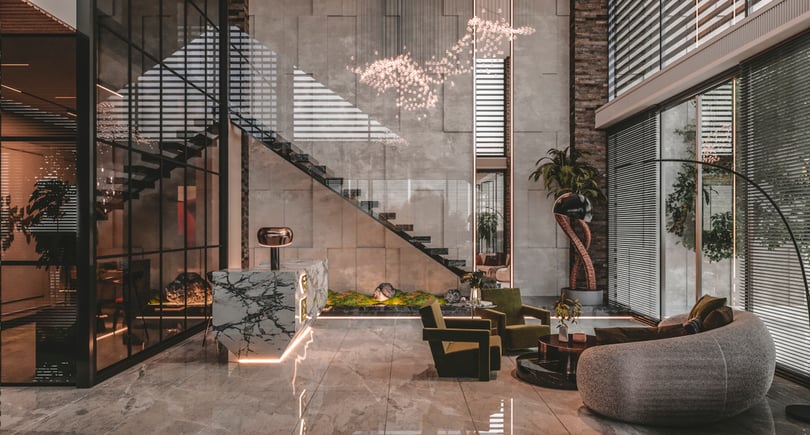 Luxury reception alternative design with marble front desk and floating staircase in Yenişehir Mersin