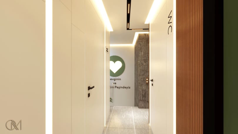 Contemporary office circulation area in Levent Istanbul with recessed lighting and clean white wall panels