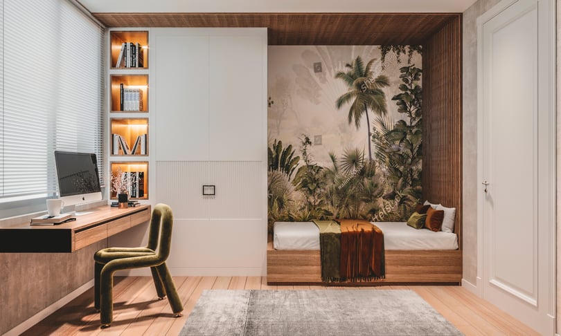 Custom-designed children’s bedroom in Amsterdam duplex apartment with built-in study desk, illuminated shelving niches and tropical botanical feature wall mural