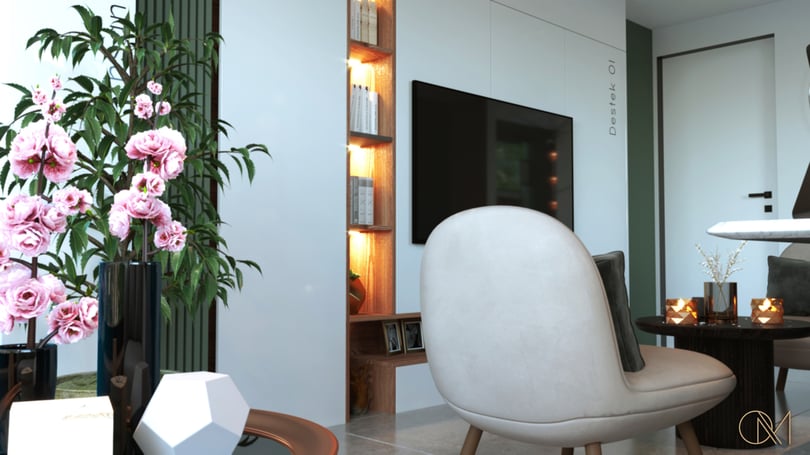 Executive office design in Levent Istanbul with green feature wall, custom cabinetry and marble worktop