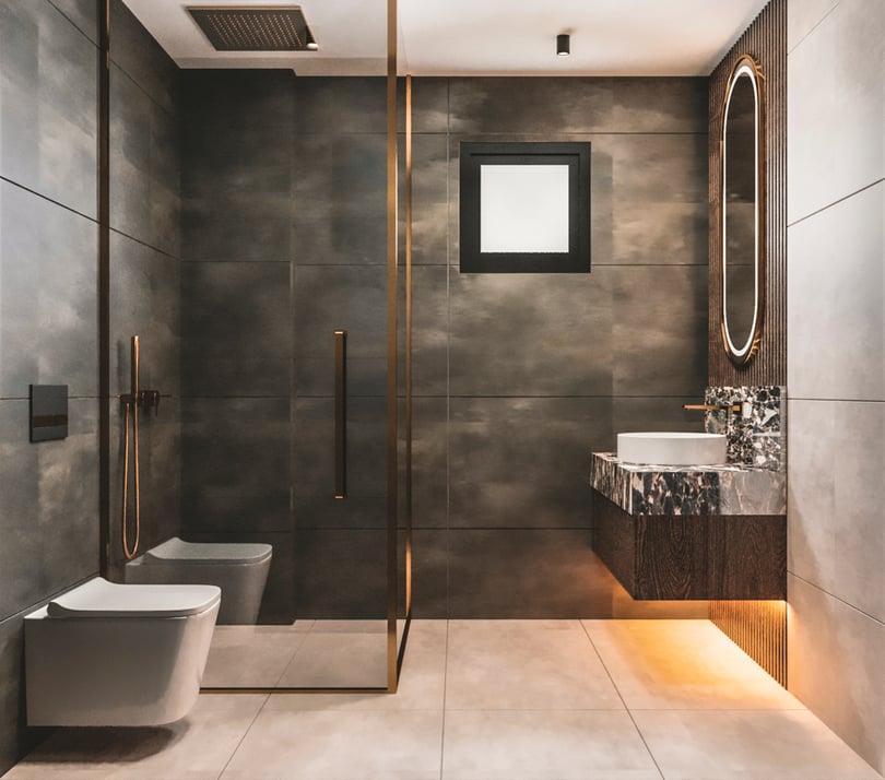 Minimal dark stone bathroom design in duplex apartment Milas Muğla featuring marble vanity and walk-in shower