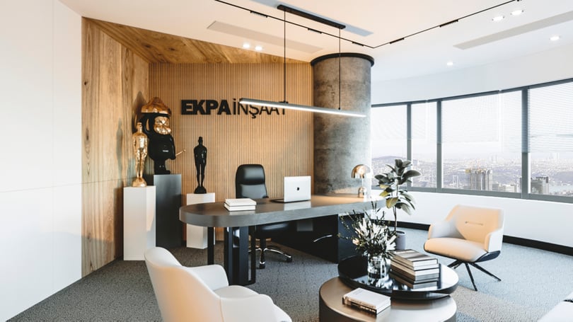 Levent, Istanbul'da özel ahşap panelleme, heykelsi aydınlatma elemanları ve çağdaş oturma alanıyla lüks yönetici ofisi tasarımı