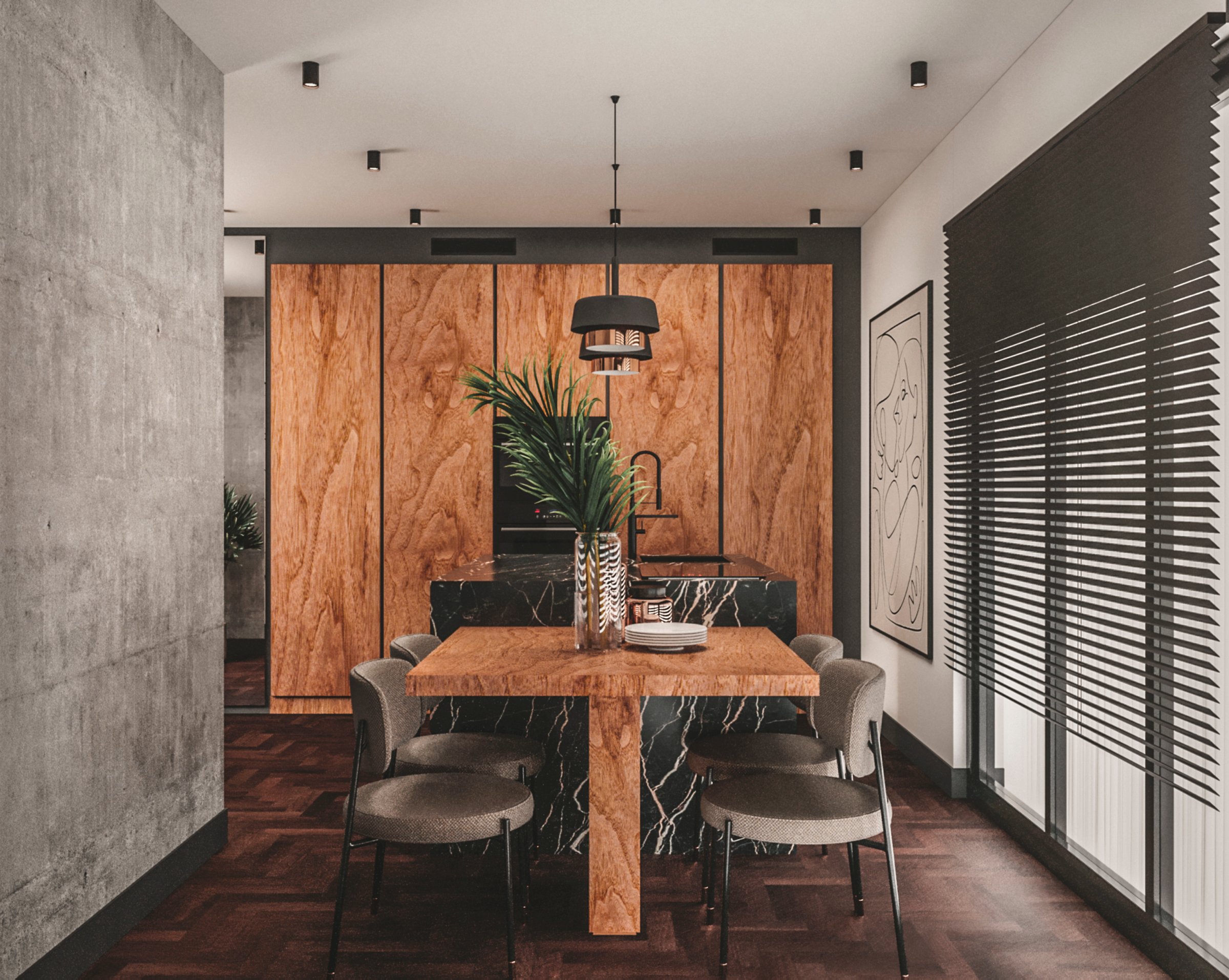 Contemporary duplex kitchen design in Milas Muğla with marble island countertop, integrated appliances and dining area