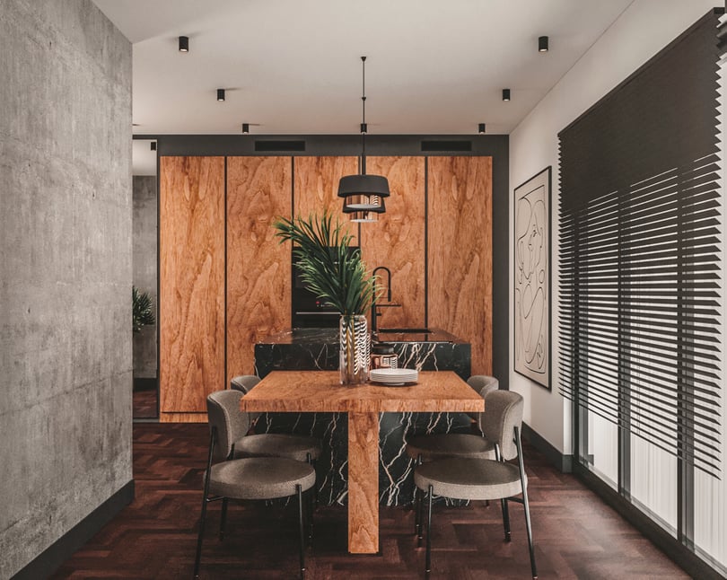 Contemporary duplex kitchen design in Milas Muğla with marble island countertop, integrated appliances and dining area