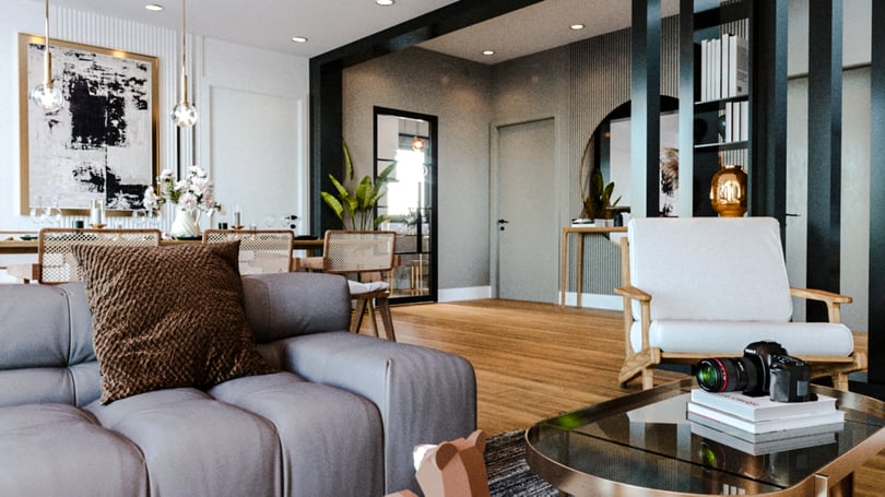 Open plan living and dining area interior design in Gebze Kocaeli villa with natural wood flooring and minimalist decor