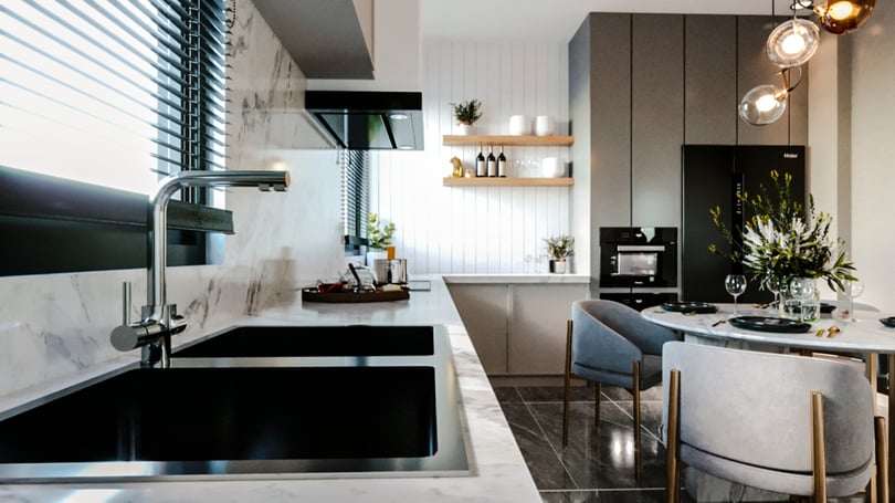 Contemporary kitchen interior design in Gebze, Kocaeli with marble backsplash and black sink