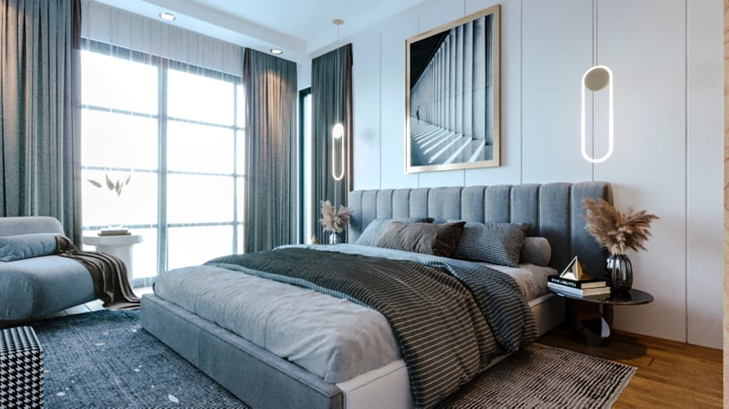 Master bedroom design in luxury Gebze villa with upholstered headboard and soft lighting