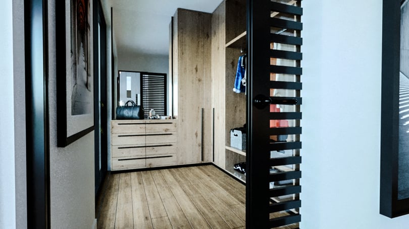 Modern villa entrance hall with custom wood wardrobe and built-in storage in Gebze Kocaeli