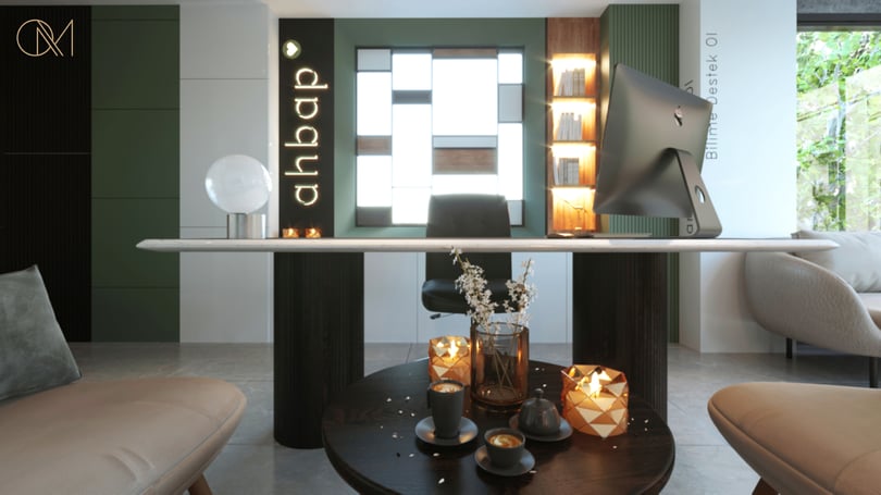 Stylish office design in Levent Istanbul with custom marble desk, ambient lighting and illuminated decorative wall niche