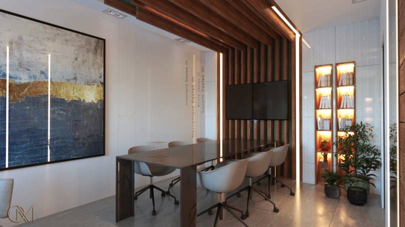 Contemporary executive workspace in Levent Istanbul with marble table, sculptural lighting and wood feature wall