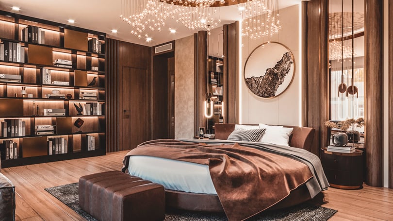 Detailed view of bespoke bedroom shelving and round bed in Göktürk, Istanbul interior architecture project with warm accent lighting