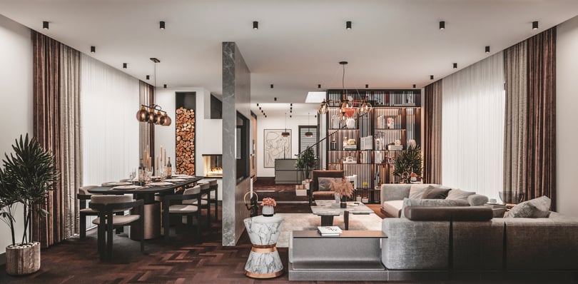 Open concept living and dining area design in Milas Muğla duplex apartment with fireplace, custom shelving and warm ambient lighting