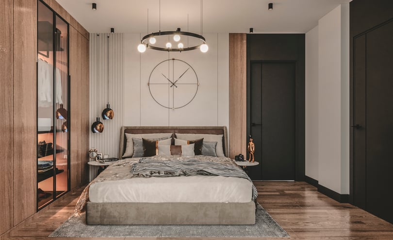 Minimal contemporary bedroom in Milas Muğla duplex apartment with soft neutral palette and custom cabinetry