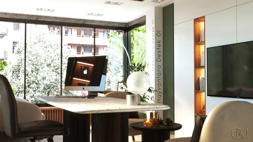 Modern executive office interior design in Levent Istanbul with marble desk, green accent wall and custom wood ceiling panels