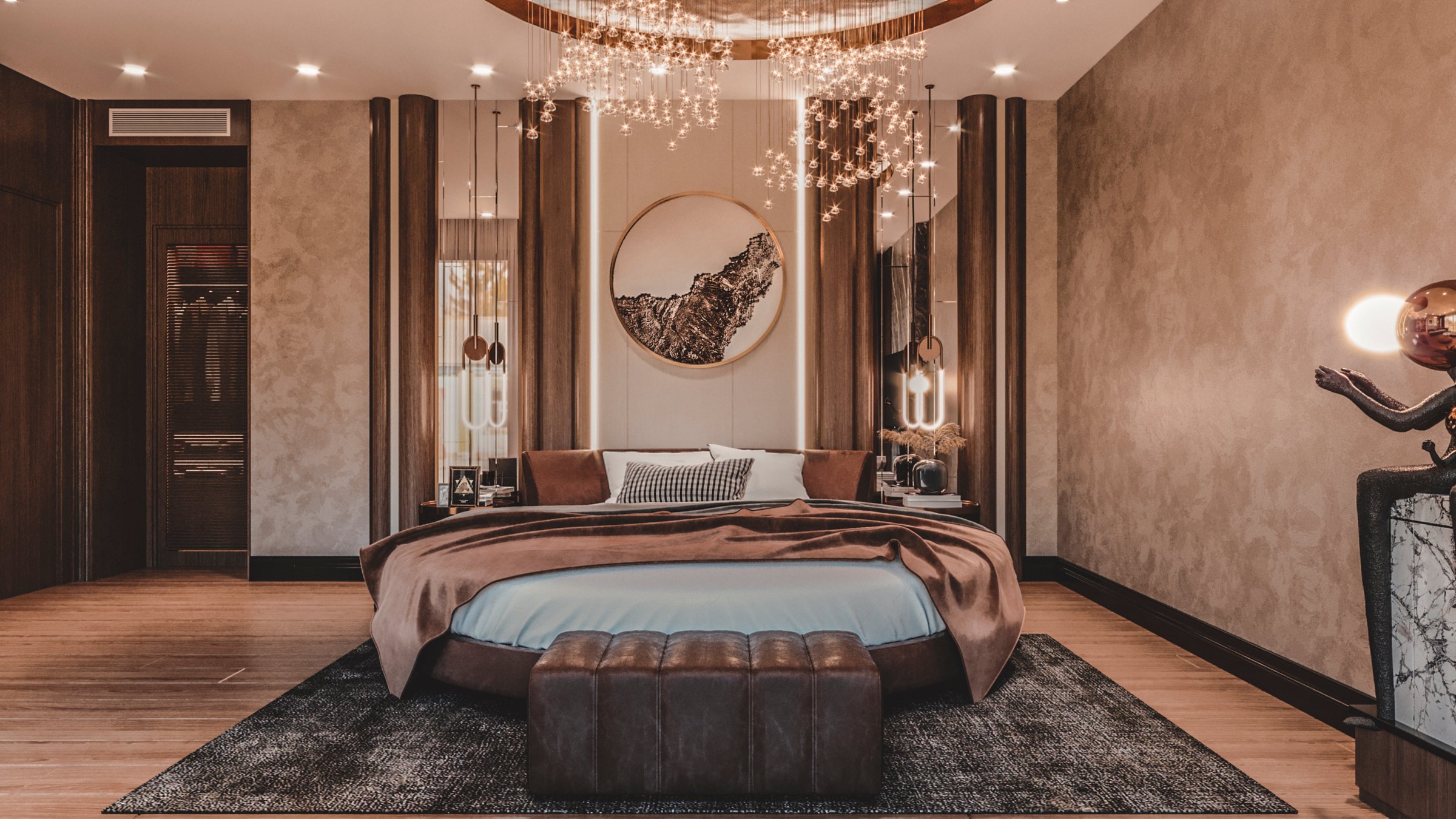 Premium bedroom interior design in Göktürk, Istanbul with symmetrical layout, upholstered bench, and luxury lighting installation
