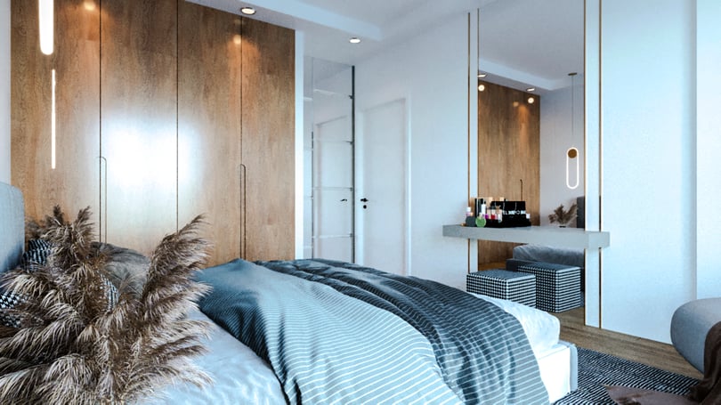 Modern bedroom interior design in Gebze Kocaeli villa with built-in wardrobe and vanity area