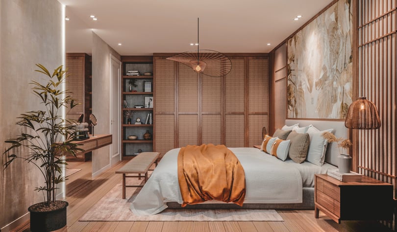 Modern master bedroom interior design in a duplex apartment in Amsterdam, Netherlands featuring custom wooden wardrobes with woven cane panels, upholstered king-size bed and warm ambient lighting