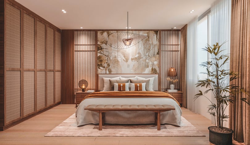 Contemporary primary bedroom in Amsterdam duplex home with bespoke wood slat wall detailing, botanical feature mural, integrated bedside tables and soft neutral color palette