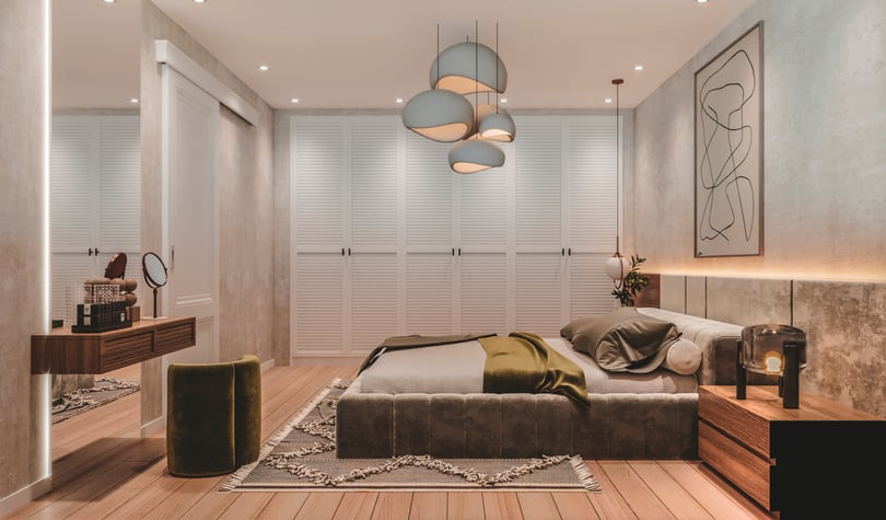 Contemporary attic master bedroom in Amsterdam duplex apartment featuring warm wood flooring, bespoke joinery, layered ambient lighting and minimalist abstract wall art