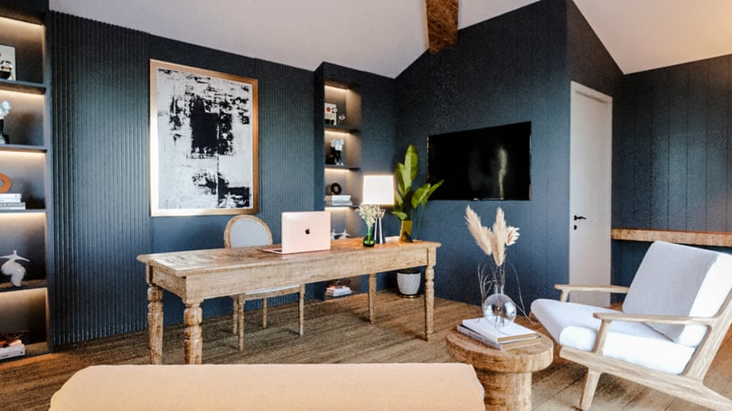 Home office design with dark accent walls and wooden desk in Gebze luxury villa